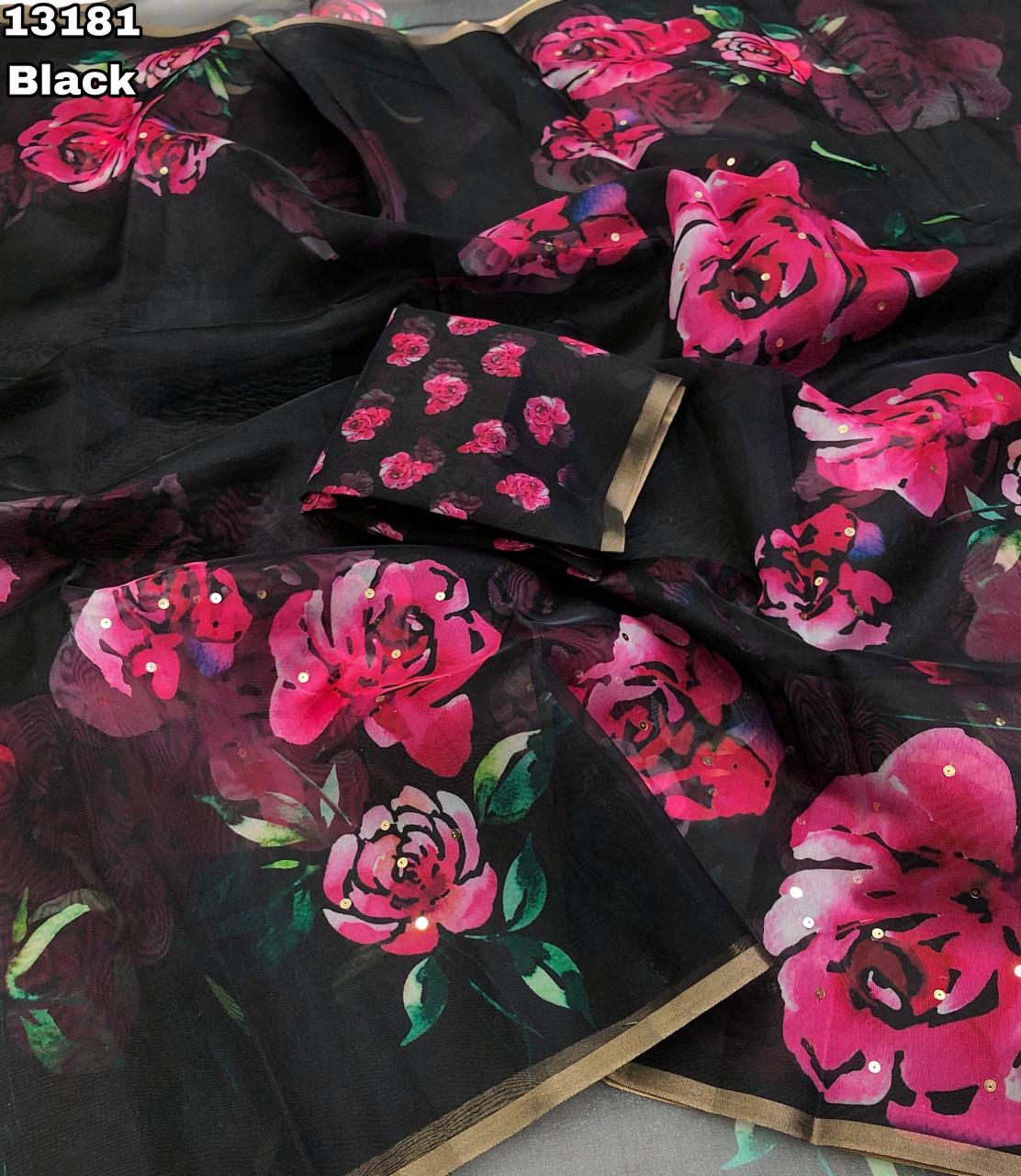 Black Organza Saree with Pink Floral Digital Print and Gold Zari Border.